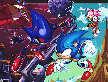 Epic Sonic CD Showdown: Sonic, Metal Sonic & Amy Rose in, Sonic the Hedgehog, Sonic CD, Metal Sonic, Amy Rose, Doctor Eggman HD wallpaper