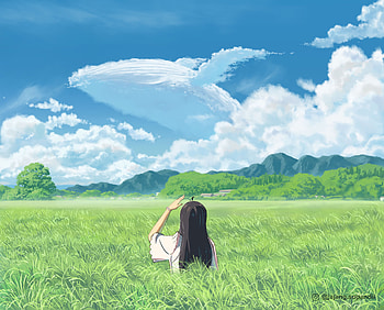 A whale in the clouds, sky, field, cloud, Anime, girl, anime girl, Sky Anime HD wallpaper