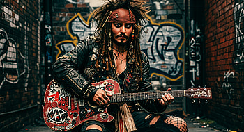 Jack Sparrow Ultra – Iconic Pirate Guitarist Display, Jack Sparrow, electric guitar, Street Art, leather jacket HD wallpaper