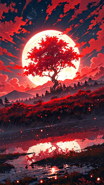 magical fantasy full moon night landscape, Anime, star, Art Abyss, magical, red, red anime HD phone wallpaper