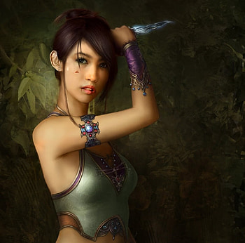 Poised to Strike, artwork, fantasy, blade, warrior, female HD wallpaper