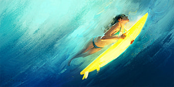 Shine, blue, sea, view from down, art, girl, surf, summer, surfer, fantasy, yellow, luminos, water, artem chebokha, vara, ocean HD wallpaper