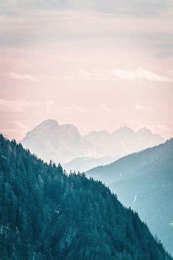 Tranquil view of a misty mountain range with a lush forest in the foreground during daylight. HD phone wallpaper