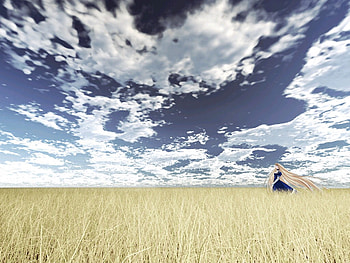 Fields of Hope, blue, golden, long hair, golden hair, anime, field, game, tsukihime, sky, arcueid HD wallpaper