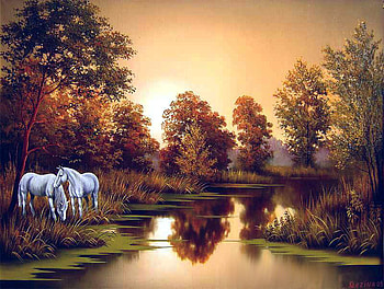 Лашаааадке! Светлана Слезкина, river, horse, painting, art, sunset, tree HD wallpaper