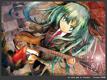 Hatsune Miku, blue, colorful, awesome, uniform, guitar, cute, vocaloid, beauty, nice, miku, vocaloids, flower, hatsune, outfit, blue eyes, twintail, blue hair, girl, aqua, beautiful, diva, tie, rocker, anime, costume, pretty, cool, idol, virtual HD wallpaper