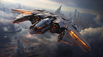 Futuristic Jet Aircraft Over Cityscape, jet, Sci Fi, aircraft HD wallpaper