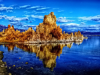 Reflect, blue, sea, peaceful, ocea, rocks, stones, reflection, mirrored, seascape, clouds, nature, sky, water, calmness HD wallpaper