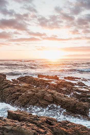 Nature, Sunset, Sea, Waves, Coast, Sunlight HD phone wallpaper