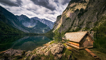 Lake Koenigssee, Bavaria, landscape, clouds, germany, sky, mountains, alps, rocks, cabin HD wallpaper