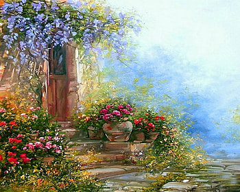 Lovely entrance, magic, color, beautiful, flower, stair, view, splendor, lovely, dream HD wallpaper