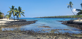 Pu'uhonua o Honaunau (Place of Refuge), Trees, Beach, Palm, Sky, Tropical, Sand, Rocks, Water, Hawaii, Ocean, Islands HD wallpaper