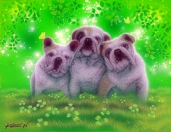 Cute Bulldogs, bulldogs, attractions in dreams, dogs, cute, paintings, summer, butterflies, love four seasons, animals, green, butterfly designs HD wallpaper