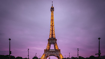Eiffel Tower, Evening sky, Purple lights, Iconic landmark HD wallpaper