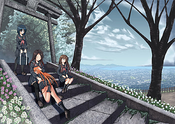 Anime, orange hair, town, uniform, cute, school uniform, long hair, staircase, flower, short hair, glasses, female, sexy, city, bag, house, hot, blue hair, girl, tree, anime girl, building, brown hair, stair, girls HD wallpaper