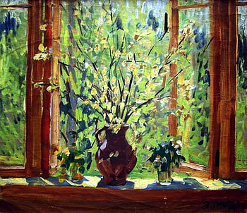 Э. Выржиковский - Весеннее окно, still life, painting, window, art, flower, tree HD wallpaper