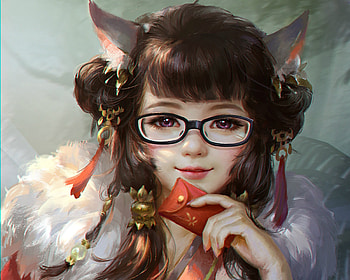 Fox girl, white, art, su fu, ahri, girl, fox, hand, fantasy, red, face, glasses, ears, luminos HD wallpaper
