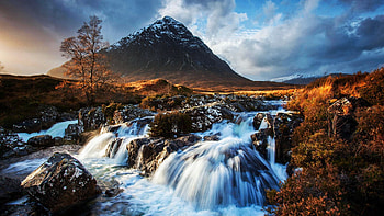 River Cascades, landscape, sky, rocks, mountain, clouds HD wallpaper