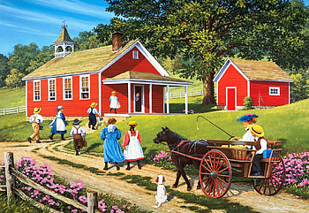 Back to School, horse, children, painting, fence, trees, road, nature, cart HD wallpaper
