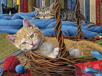 Billy The Kit, wool, books, basket, kitten, painting HD wallpaper