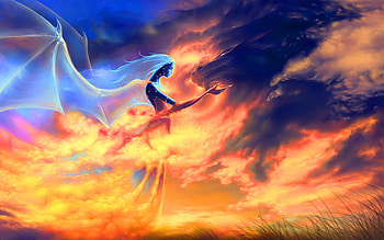 Fairy of the sky, blue, fairy, sunset clouds, clouds, sky, orange HD wallpaper
