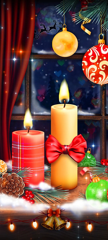 Christmas WindowCandle, red, Holiday, light, Ornament, balls, festival, ribbon, luxury HD phone wallpaper