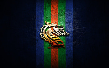 Seattle Dragons, golden logo, XLS, blue metal background, american football team, Seattle Dragons logo, american football HD wallpaper