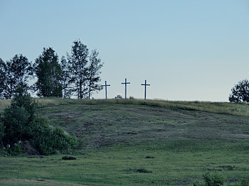 Three Wooden Crosses In A Field, graphy, Grass, Trees, Three Wooden Crosses, Field, Nature, Sky HD wallpaper