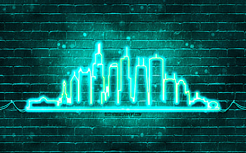 Chicago turquoise neon silhouette, , turquoise neon lights, Chicago skyline silhouette, turquoise brickwall, american cities, neon skyline silhouettes, USA, Chicago silhouette, Chicago HD wallpaper
