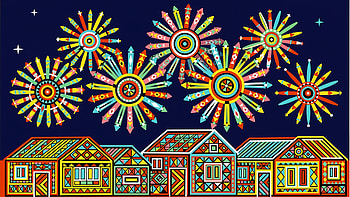 New Year Fireworks Over Festive Mosaic Village HD wallpaper