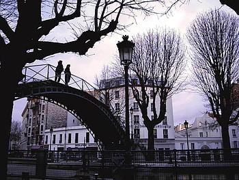 Couple on the bridge, mist, couple, bridge, tree HD wallpaper