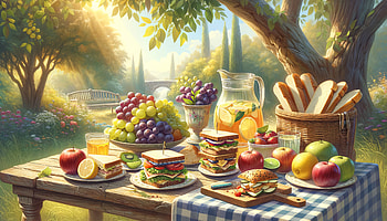 Summer Picnic in Sunlit Garden, food, lunch, picnic, fruit, sandwich HD wallpaper