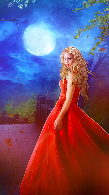 Full Moon Fantasy, red dress, fantasy, woman HD phone wallpaper