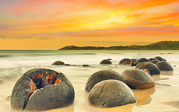 lava ball rocks on a beach, sea, rocks, sunset, beach HD wallpaper