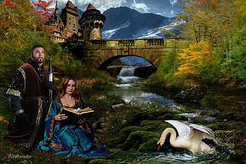 Autumn, river, bird, knight, beautiful, mountain, fantasy, bridge, nature, swan, romantic, castle, queen HD wallpaper
