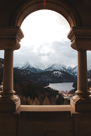 Landscape, Nature, Mountains, Lake, View, Arch, Column, Columns HD phone wallpaper