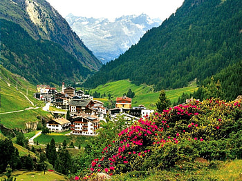 Holiday in Austria, peaks, peaceful, houses, austria, nice, holiday, greenery, calm, hills, europe, slope, beautiful, mountain, summer, rest, pretty, green, view, nature, sky, flowers, lovely, village, countryside HD wallpaper