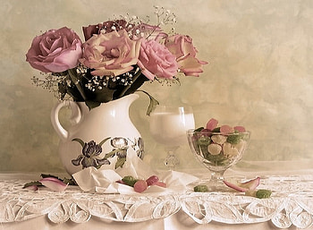 Endearing, gum drops, floral, lace, petals, glass, pastels, milk, table, white, sweets, vase, beautiful, candy, still life, pink, green, nature, flowers HD wallpaper