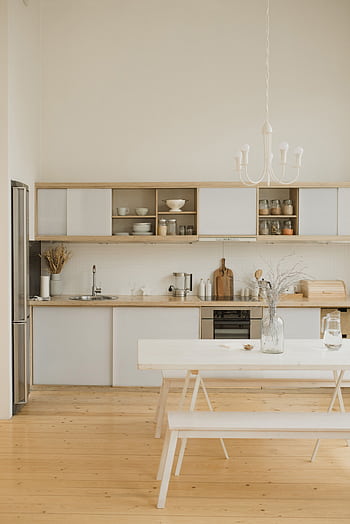 Stylish kitchen interior with minimalistic design and modern wooden elements. HD phone wallpaper