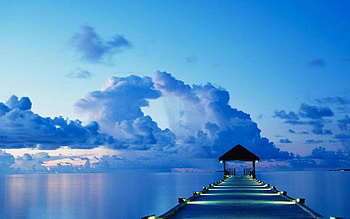 Blue Ocean, blue, lights, clouds, pier, sky, nature, ocean HD wallpaper