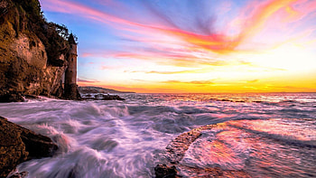 Ocean Sunset, waves, coast, clouds, sky, nature, sunset, ocean HD wallpaper