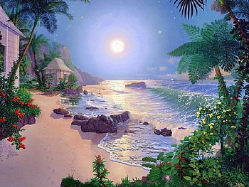 Tranquility Beach, sand, hut houses, peaceful, rocks, beauty, beach, waves, floral bushels, water, sun, palm trees HD wallpaper