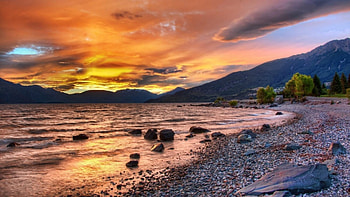 sunset on a stony beach r, sea, clouds, r, sunset, stones, beach HD wallpaper