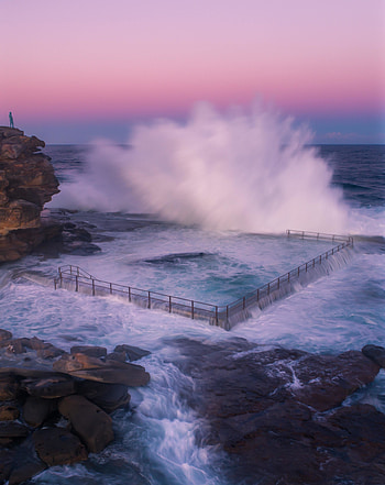 Fence, bay beach, sea waves, coast HD phone wallpaper