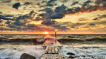 Sunrise at the Baltic Sea, Germany, sky, waves, water, colors, clouds, pier HD wallpaper