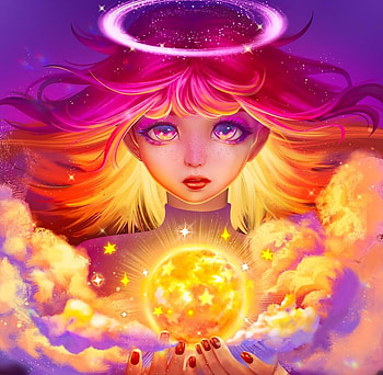 Angel, purple, pink, blonde, yellow, harsh taggar, face, girl, fantasy HD wallpaper