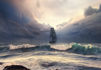 Off to a new world, waves, ship, clouds, sails, sky, ocean, rock HD wallpaper