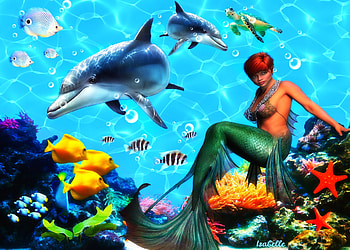 Her Hidden Anchor , Her hidden Anchor, Ocean, Dolphins, Siren, Turtle, Fantasy, Fishes HD wallpaper