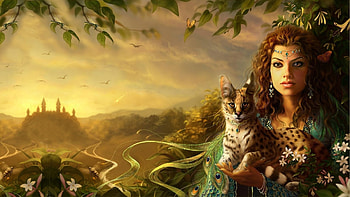 Fantasy girl, frumusete, gorgeous, cat, girl, wild, witch, jewel, superb, feather, pisici, fantasy, yellow, green, peacock, redhead, diane ozdamar, paun HD wallpaper