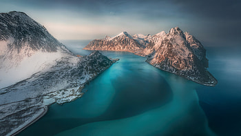 Lofoten From The Air Norway, lofoten, nature, air, sea, norway, mountains, snow HD wallpaper
